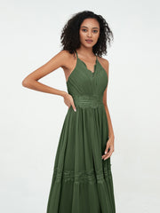Lace and Chiffon Tiered Skirt Boho Dresses-Olive Green