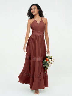 Lace and Chiffon Tiered Skirt Boho Dresses-Terracotta