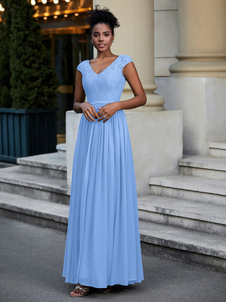 BABARONI Lace and Chiffon Maxi Dress with Cap Sleeves-Sky Blue, Sky Blue / US0