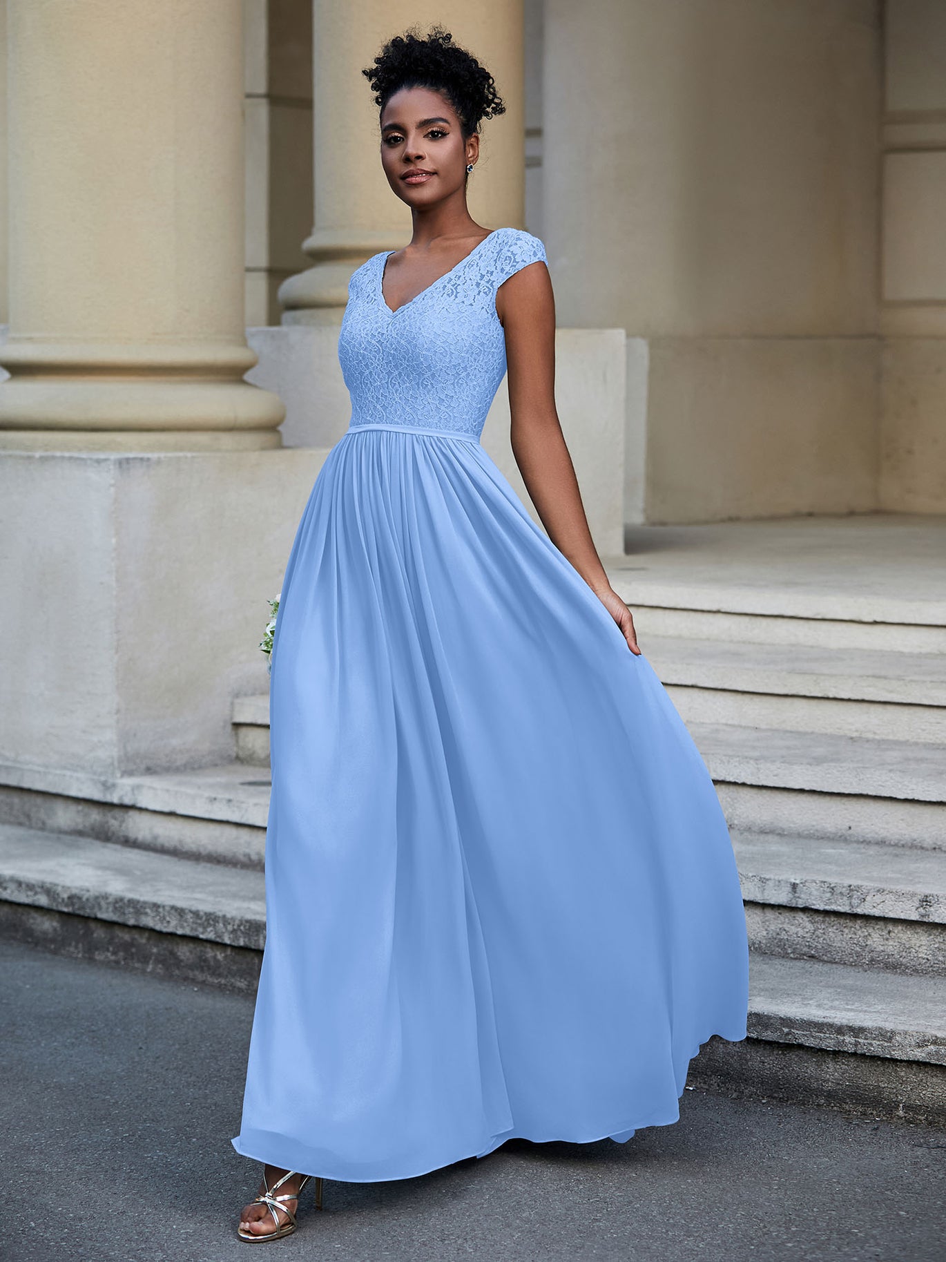 BABARONI Lace and Chiffon Maxi Dress with Cap Sleeves-Sky Blue, Sky Blue / US0 BABARONI Lace and Chiffon Maxi Dress with Cap Sleeves-Sky Blue, Sky Blue / US0