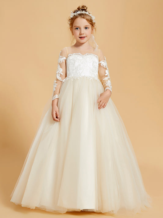 Elegant Tulle Flower Girl Dresses with Lace Applique and Button Accents