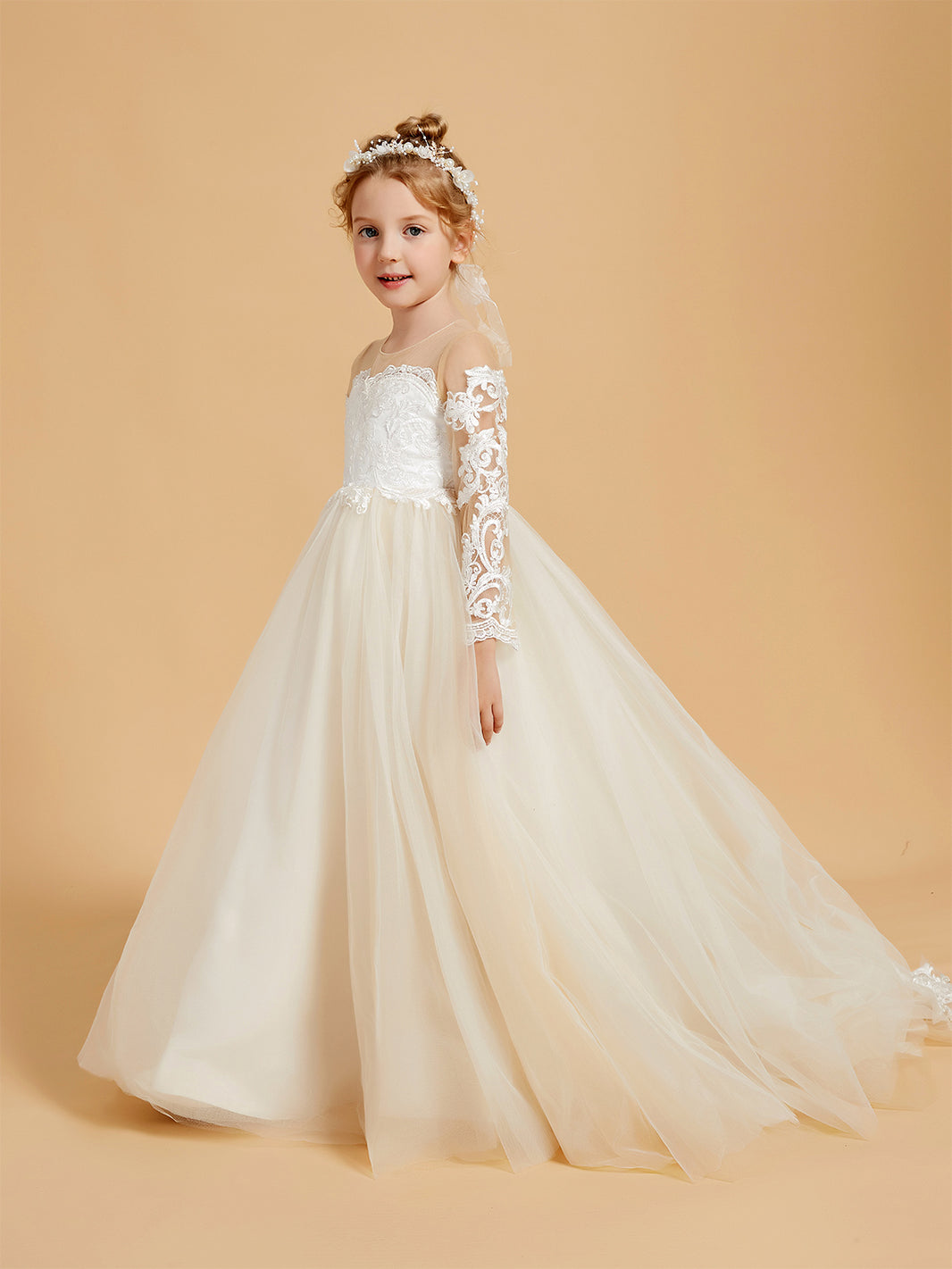 BABARONI Flower Girl Dress - Long Sleeve Lace Applique Ball Gown with Sweep Train BABARONI Flower Girl Dress - Long Sleeve Lace Applique Ball Gown with Sweep Train