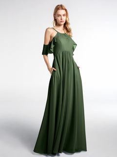 Cold-Shoulder Chiffon Empire Dress with Pockets-Olive Green