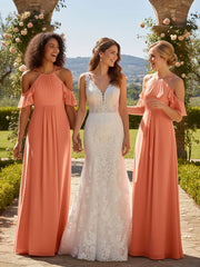 Cold-Shoulder Chiffon Empire Dress with Pockets-Sunset