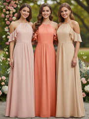 Cold-Shoulder Chiffon Empire Dress with Pockets-Sunset