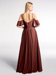 Cold-Shoulder Chiffon Empire Dress with Pockets-Terracotta