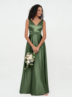 Princess V-neck Satin Max Dresses with Pockets-Olive Green Plus Size