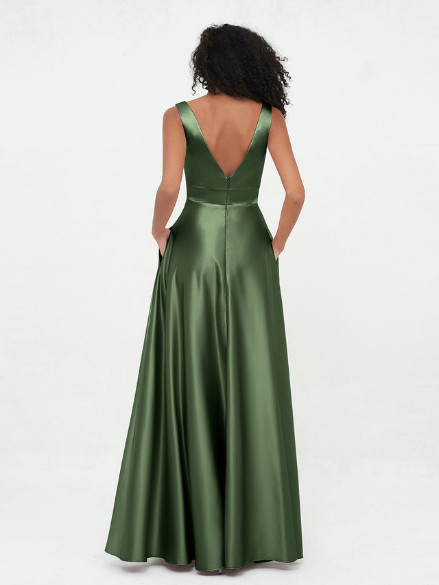 V-neck Off shoulder Maxi Dress with Pockets Olive Green