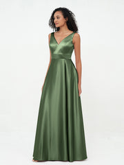 Princess V-neck Satin Max Dresses with Pockets-Olive Green