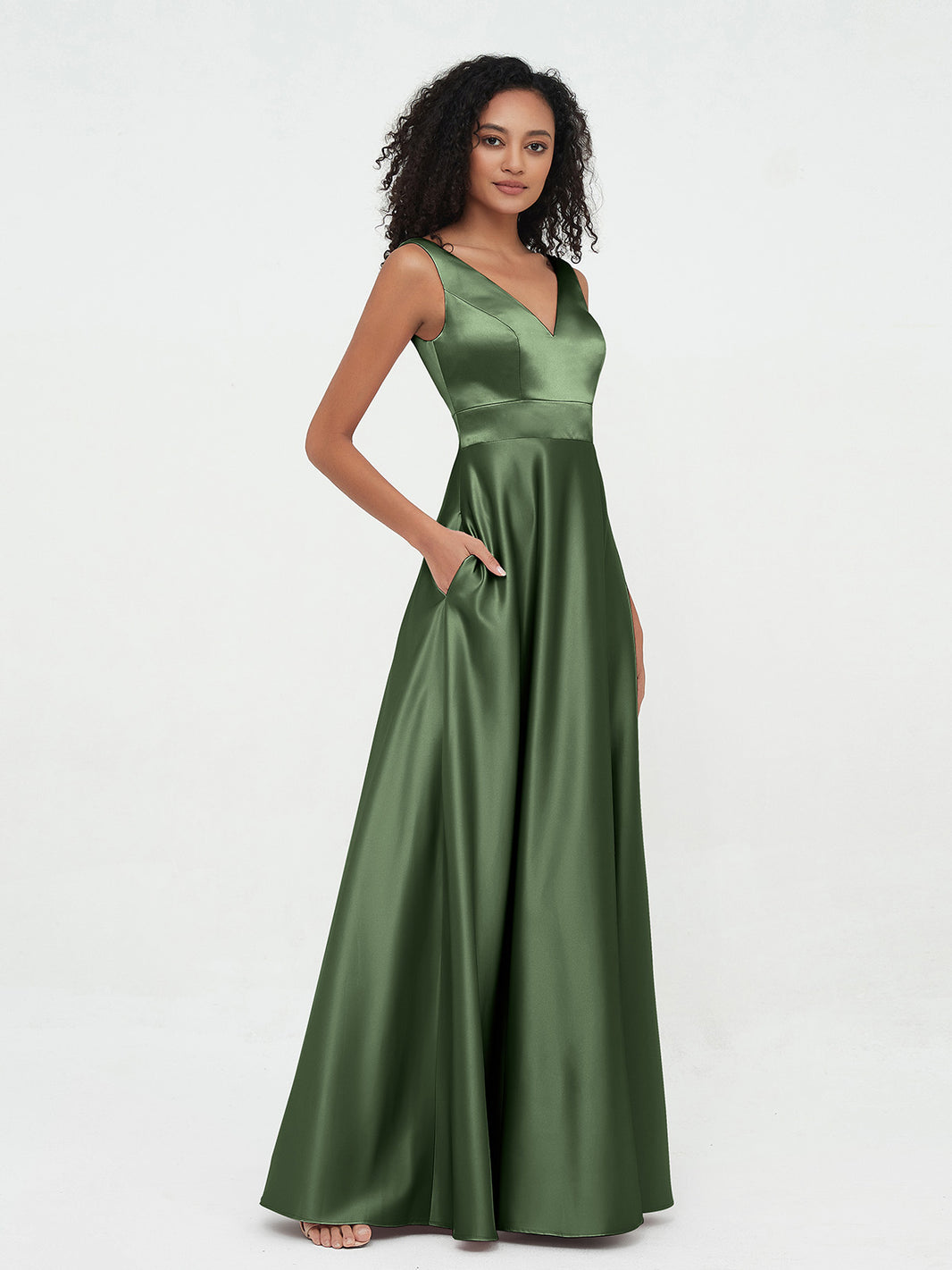 A-Line Backless V-Neck Satin Cocktail Dress Olive Green