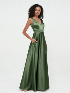 Princess V-neck Satin Dresses with Pockets Olive Green