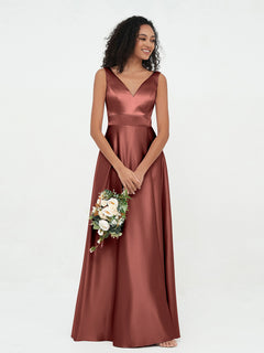 Princess V-neck Satin Max Dresses with Pockets-Terracotta Plus Size