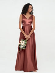 Princess V-neck Satin Max Dresses with Pockets-Terracotta