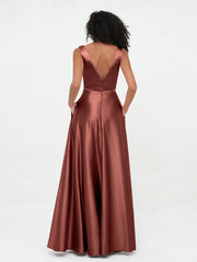 Princess V-neck Satin Max Dresses with Pockets-Terracotta