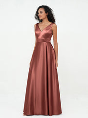Princess V-neck Satin Max Dresses with Pockets-Terracotta