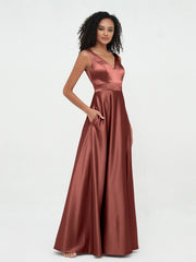 Princess V-neck Satin Max Dresses with Pockets-Terracotta