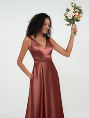 Princess V-neck Satin Max Dresses with Pockets-Terracotta