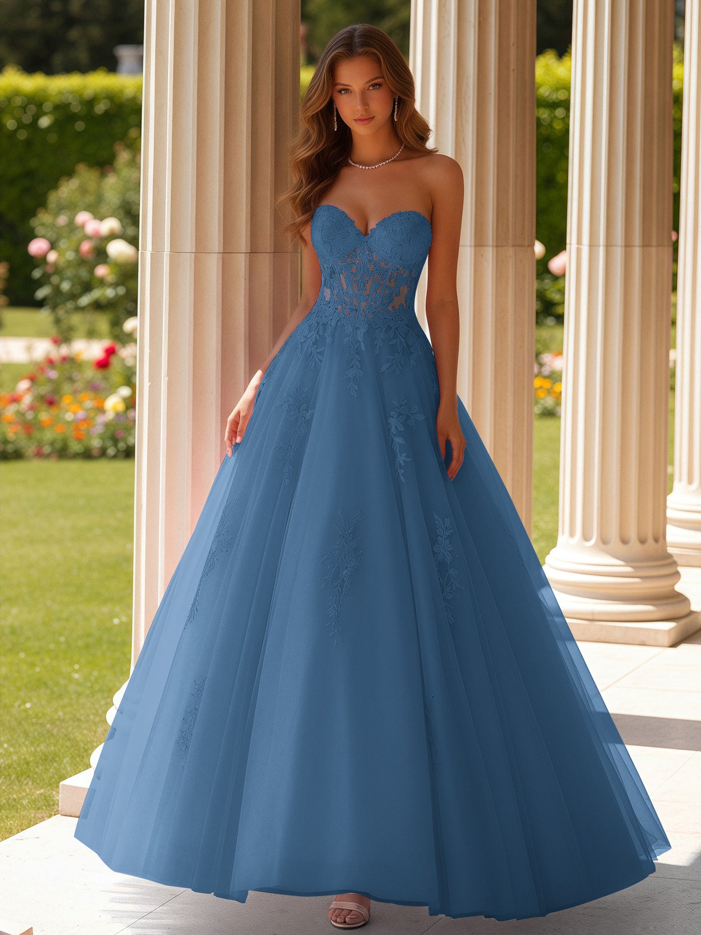 BABARONI Tulle Slate Blue Prom Dresses Ball Gown Sweetheart Lace Appliqued Sleeveless, Slate Blue / US0