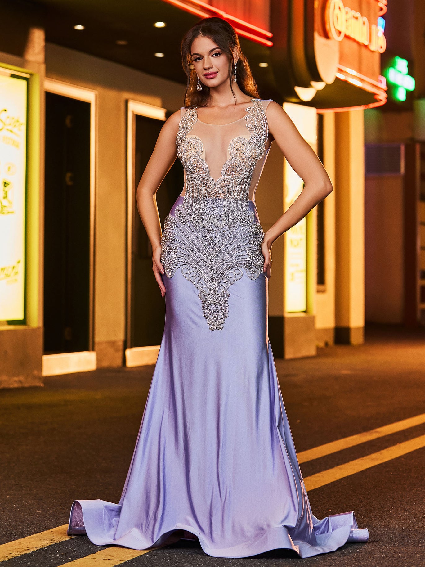 BABARONI 2025 Luxurious Rhinestone-Embellished Mermaid Evening Prom Dress Lavender