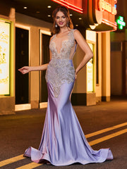 Luxurious Rhinestone-Embellished Mermaid Evening Dress Lavender
