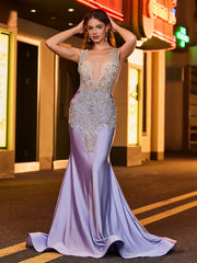 Luxurious Rhinestone-Embellished Mermaid Evening Dress Lavender
