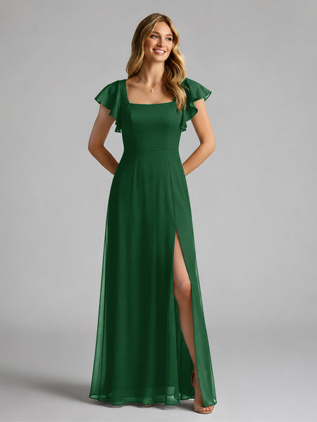 dark sage bridesmaid dresses BABARONI Green Chiffon Square Neck Flutter Sleeves Wedding Party Gown with Slit Size:18 months swatch_tag_reyes-flats-dusty-blue-suede Black White Hot Pink this dress features long