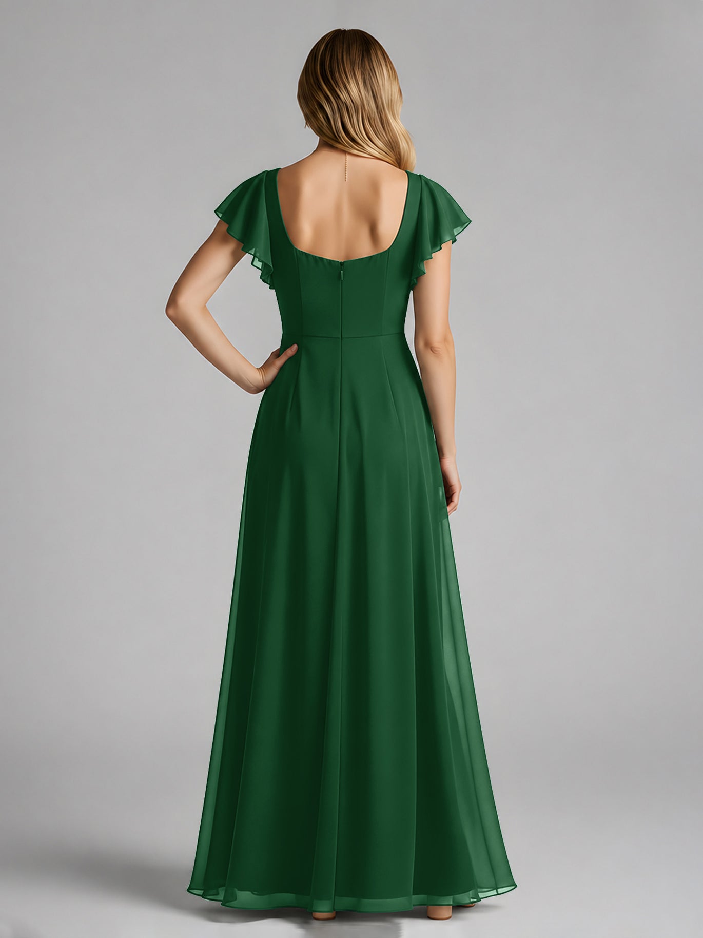 BABARONI Chiffon Dark Green Bridesmaid Dresses Square Floor-length Flutter Sleeves with Slit A-line BABARONI Chiffon Dark Green Bridesmaid Dresses Square Floor-length Flutter Sleeves with Slit A-line