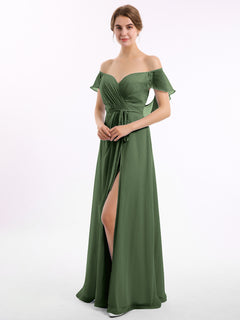 Cap Sleeves Chiffon Bridesmaid Dresses with Slit Olive Green