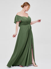 Cap Sleeves Chiffon Bridesmaid Dresses with Slit Olive Green