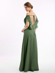 Cap Sleeves Chiffon Bridesmaid Dresses with Slit Olive Green