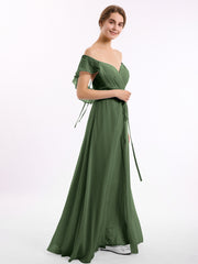 Cap Sleeves Chiffon Bridesmaid Dresses with Slit Olive Green