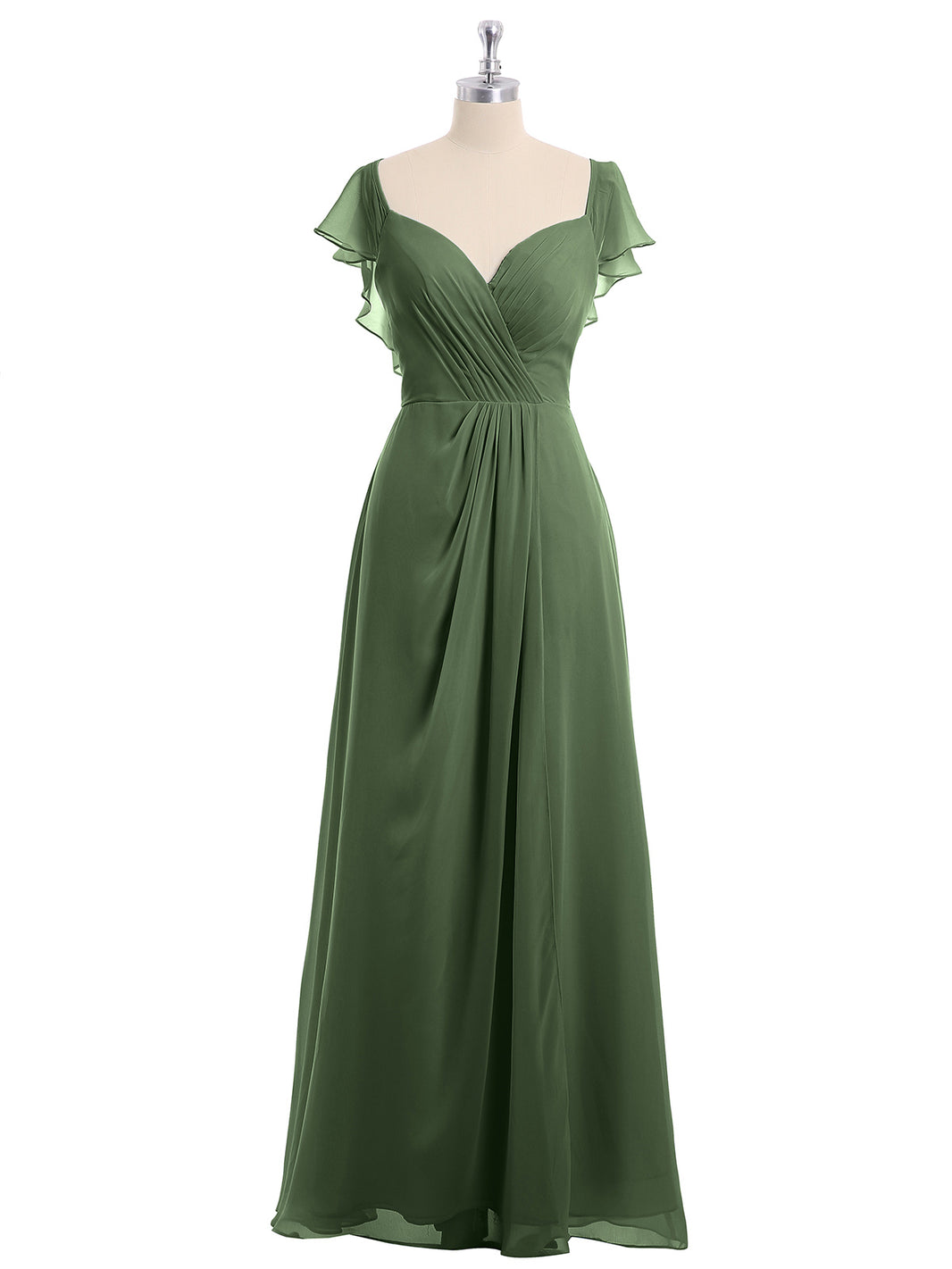 BABARONI Chiffon Olive Green Bridesmaid Dresses Off-the-shoulder  Floor-length Short Ruched with Slit A-line