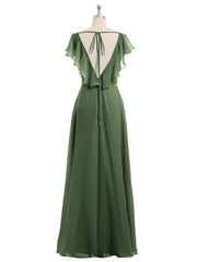 Cap Sleeves Chiffon Bridesmaid Dresses with Slit Olive Green