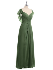Cap Sleeves Chiffon Bridesmaid Dresses with Slit Olive Green