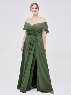 Cap Sleeves Chiffon Bridesmaid Dresses with Slit Olive Green Plus Size