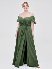 Cap Sleeves Chiffon Bridesmaid Dresses with Slit Olive Green