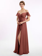 Cap Sleeves Chiffon Bridesmaid Dresses with Slit Terracotta
