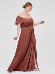 Cap Sleeves Chiffon Bridesmaid Dresses with Slit Terracotta