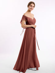 Cap Sleeves Chiffon Bridesmaid Dresses with Slit Terracotta
