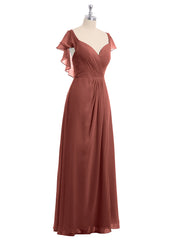 Cap Sleeves Chiffon Bridesmaid Dresses with Slit Terracotta