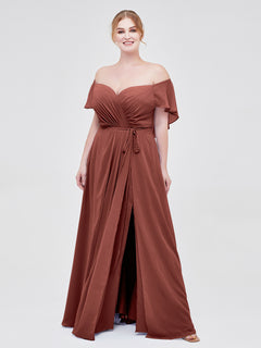 Cap Sleeves Chiffon Bridesmaid Dresses with Slit Terracotta Plus Size