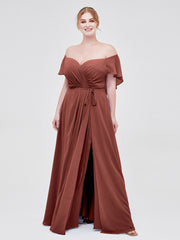 Cap Sleeves Chiffon Bridesmaid Dresses with Slit Terracotta