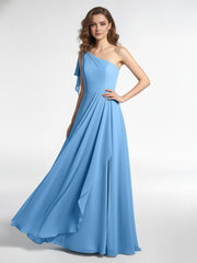 One Shoulder Chiffon Maxi Dress with Cascade-Blue