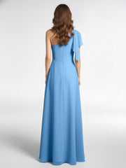 One Shoulder Chiffon Maxi Dress with Cascade-Blue