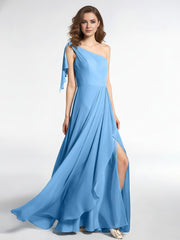 One Shoulder Chiffon Maxi Dress with Cascade-Blue