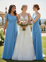 One Shoulder Chiffon Maxi Dress with Cascade-Blue