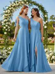 One Shoulder Chiffon Maxi Dress with Cascade-Blue