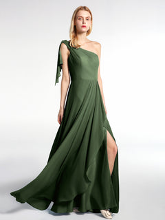 One Shoulder Chiffon Maxi Dress with Cascade-Olive Green