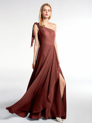 One Shoulder Chiffon Maxi Dress with Cascade-Terracotta