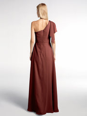 One Shoulder Chiffon Maxi Dress with Cascade-Terracotta